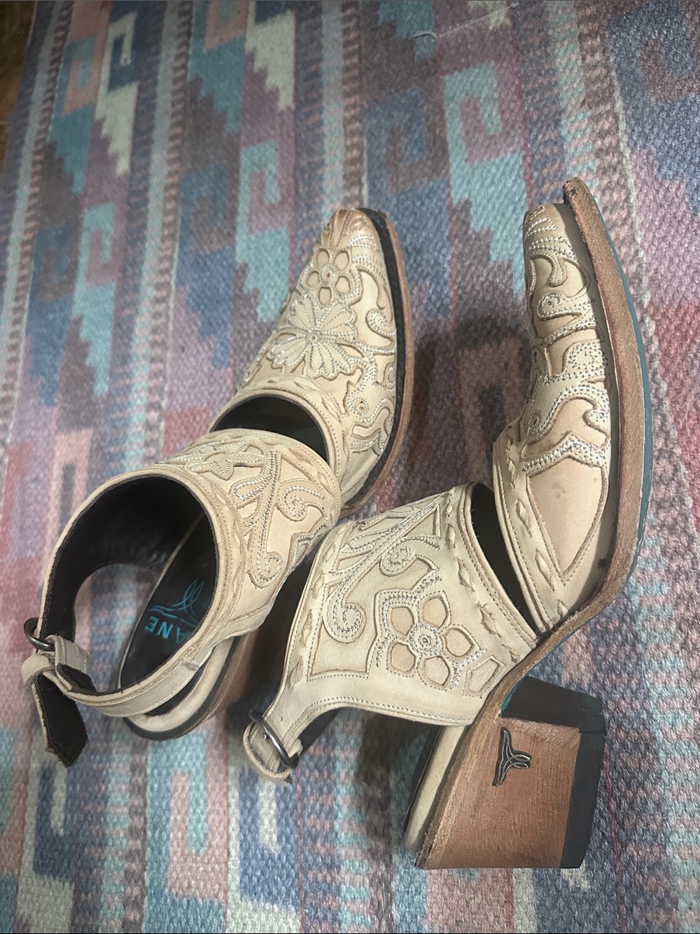 Lane Robin mule Junk Gypsy inlay tooled leather western ankle boots SZ 8.5 M - Picture 5 of 6